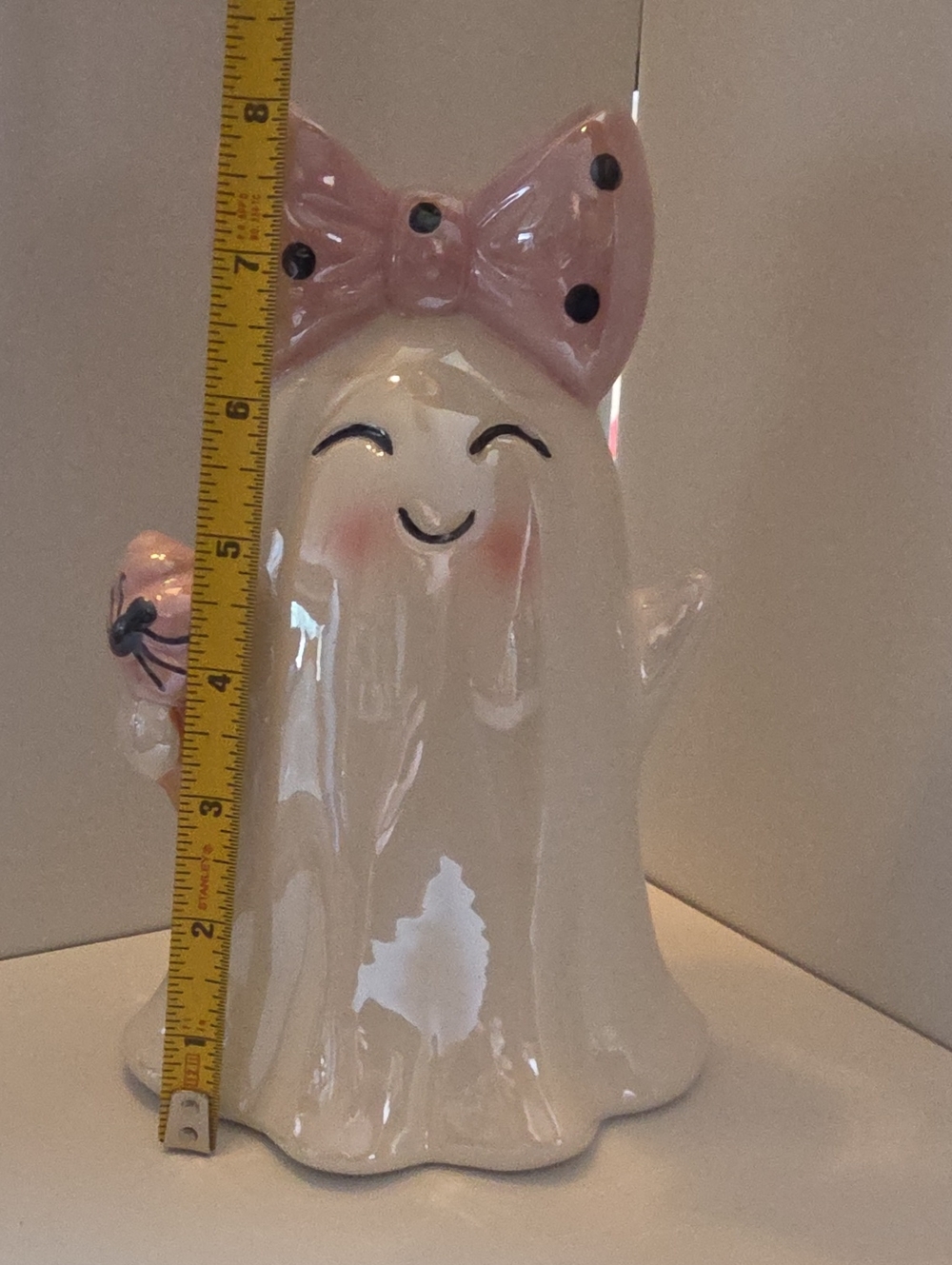 Viral Ceramic Halloween Ghost With Big Pink Bow & Ice Cream Cone 8.5"×6" NWOT - Picture 7 of 8